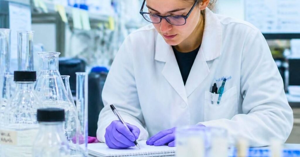 scientist taking lab notes